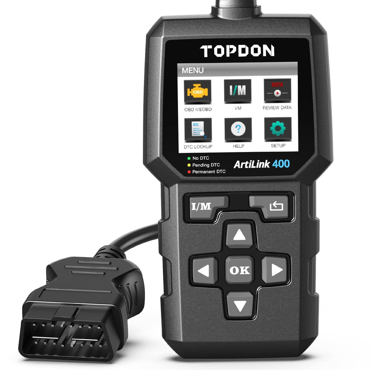 TOPDON AL400 front view showing compact case and ports, easy storage benefit
