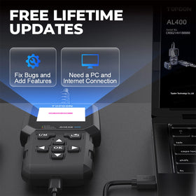 TOPDON AL400 plugged under hood connected to car OBD port for hands-on troubleshooting benefit