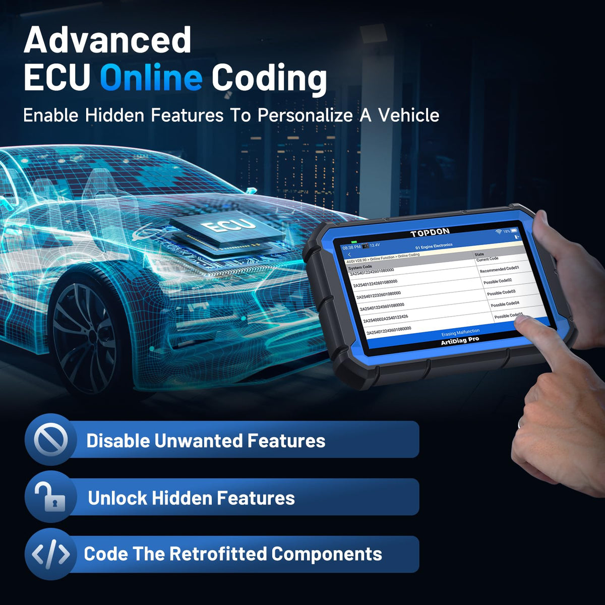 TOPDON ArtiDiag Pro screen displaying ECU coding options to customize vehicle features