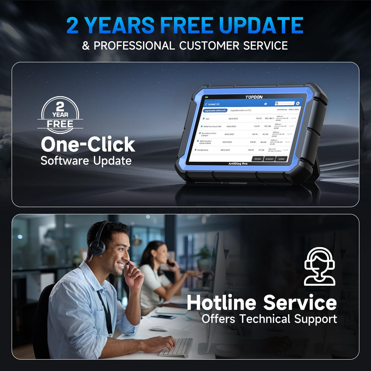 TOPDON ArtiDiag Pro plugged into a car console while technician runs diagnostics for efficiency