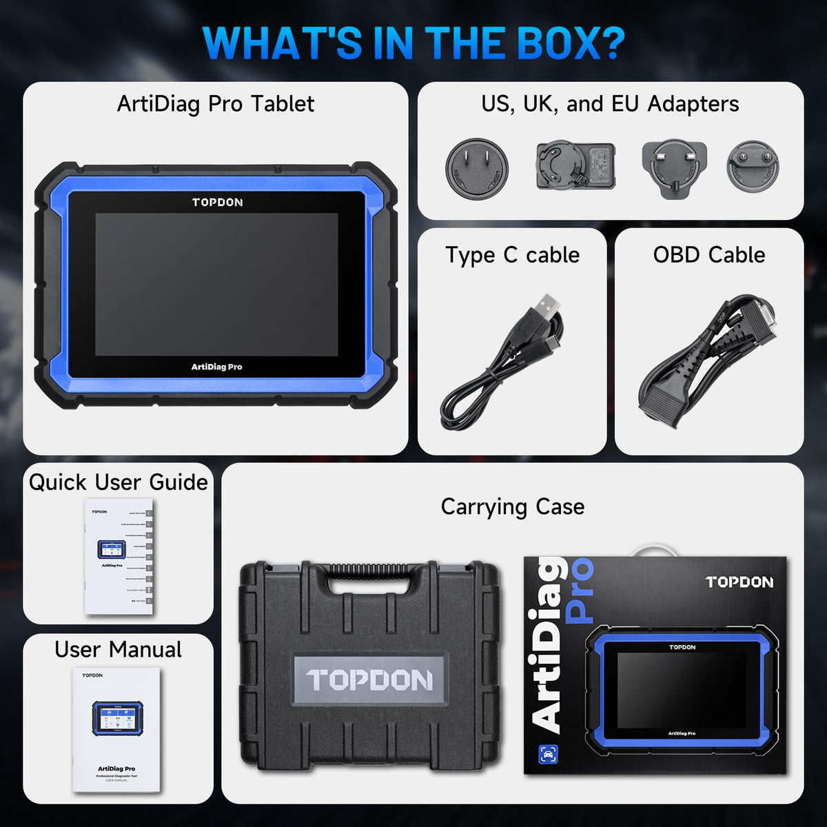 TOPDON ArtiDiag Pro packaging and manual showing included documentation and box contents