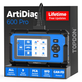 TOPDON ArtiDiag600 Pro front view showing compact diagnostic tablet and clear display