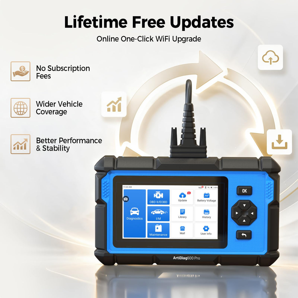 TOPDON ArtiDiag600 Pro held in hand inside car, improving on-the-spot troubleshooting