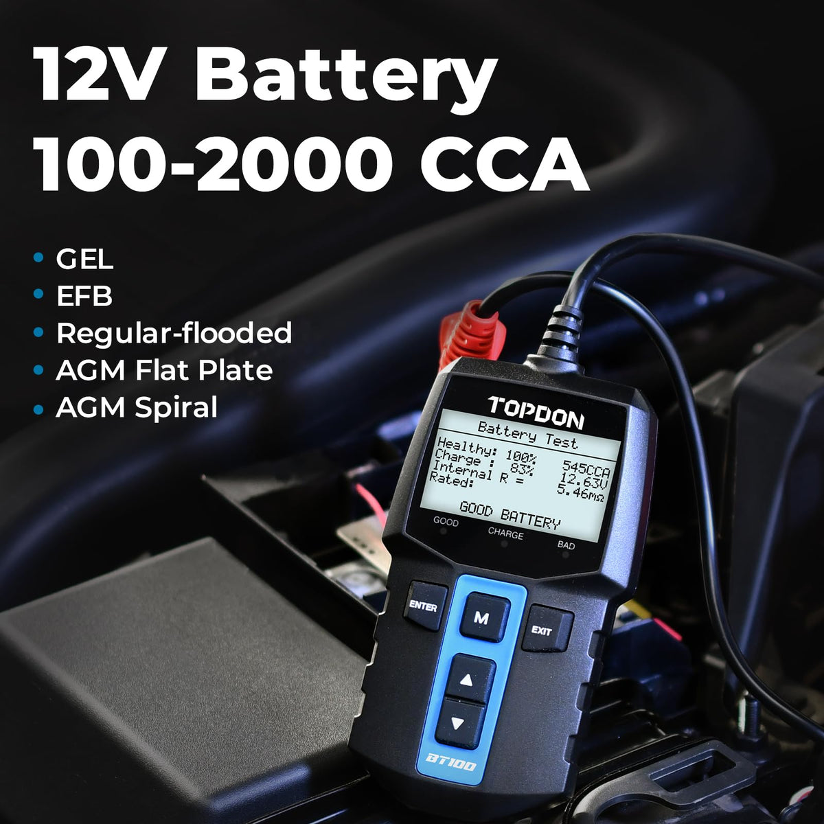 TOPDON BT100 display closeup showing battery readings and easy results
