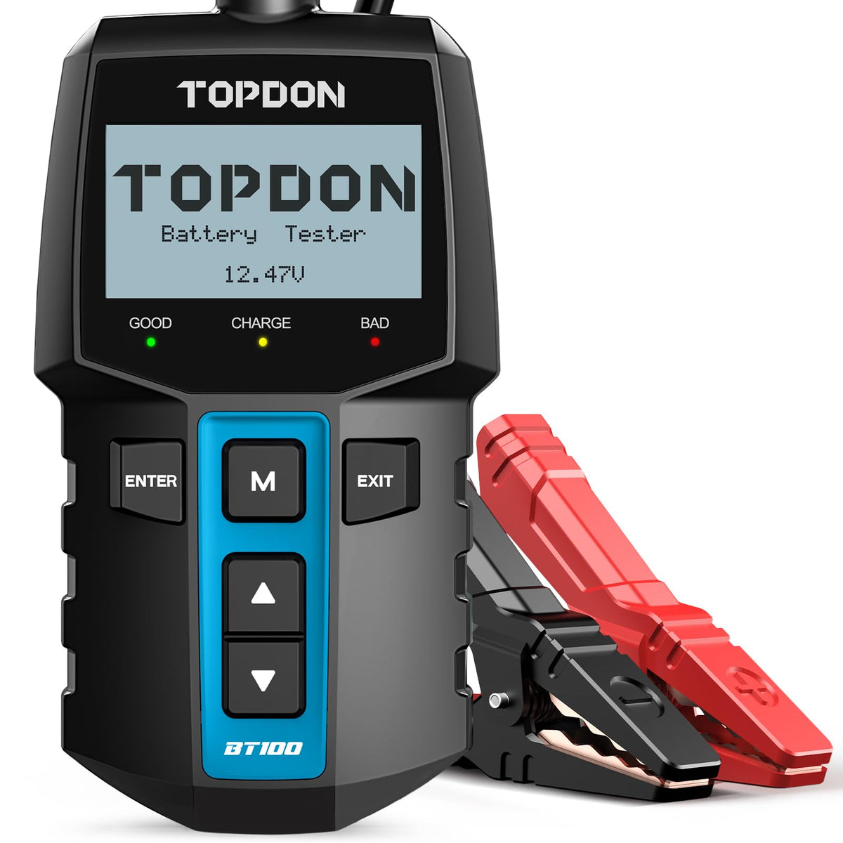 TOPDON BT100 front view showing compact tester and clear benefits