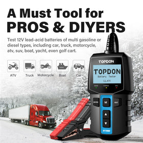 TOPDON BT100 testing a boat battery highlighting marine compatibility