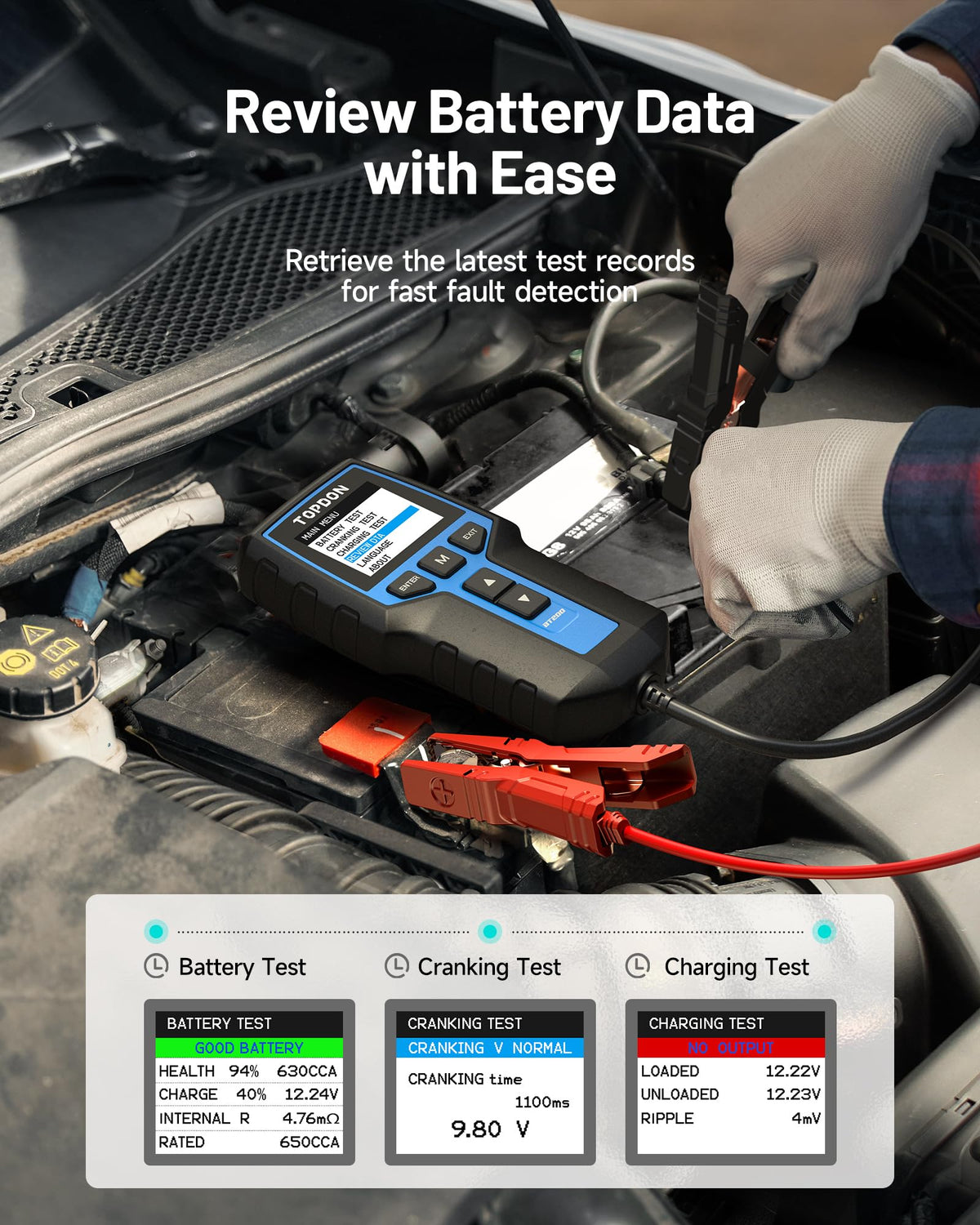 TOPDON BT200 inside a boat battery compartment ensuring marine-ready checks