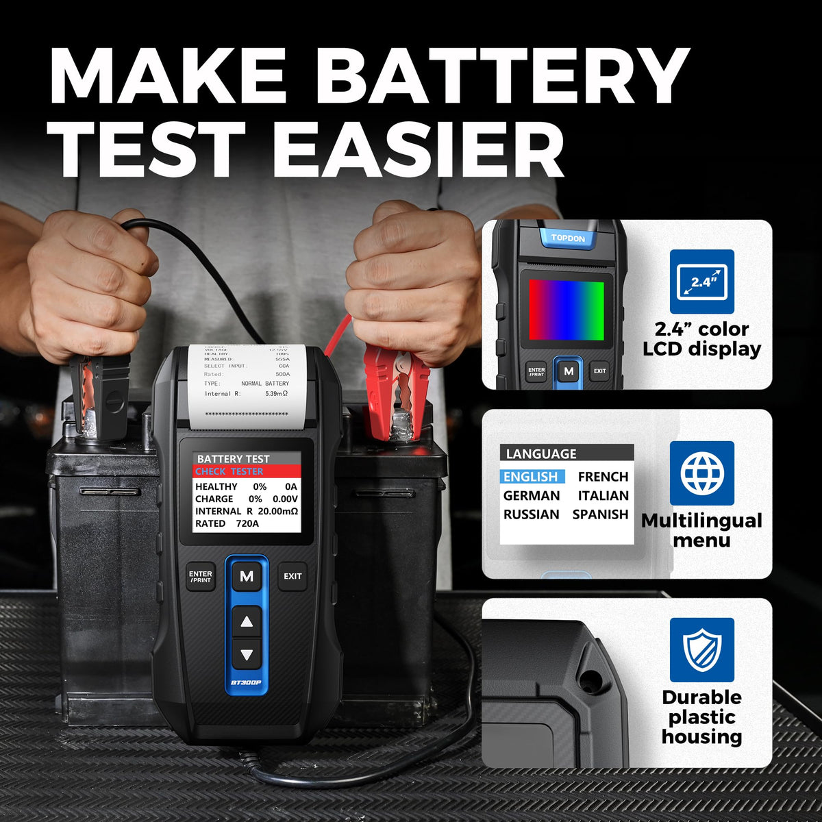 TOPDON BT300P 2.4-inch color display close-up for clear diagnostics