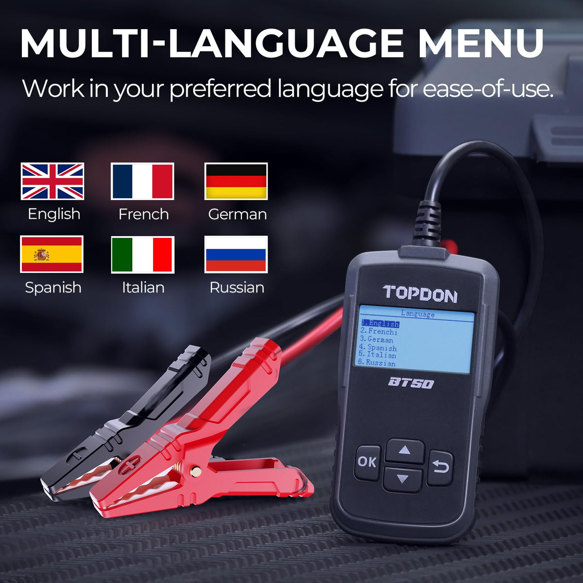 TOPDON BT50 on a workshop bench in use showing professional diagnostic capability