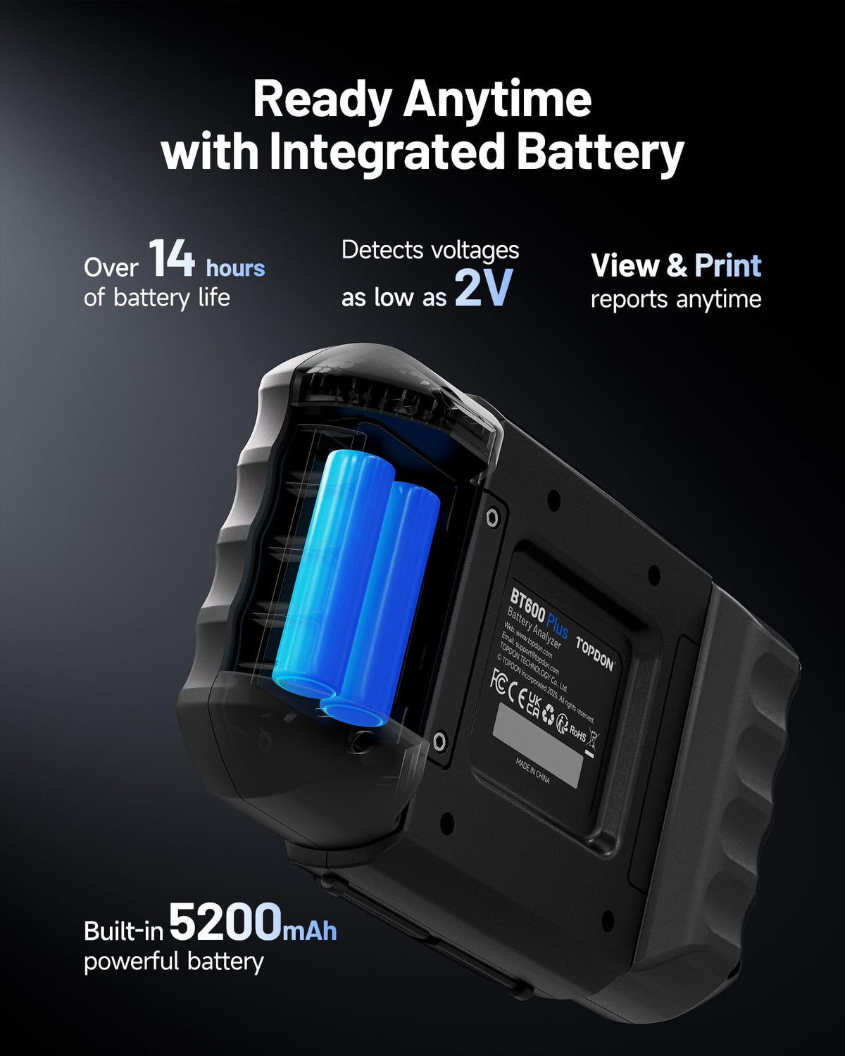 TOPDON BT600 Plus internal battery and ports enabling long field operation