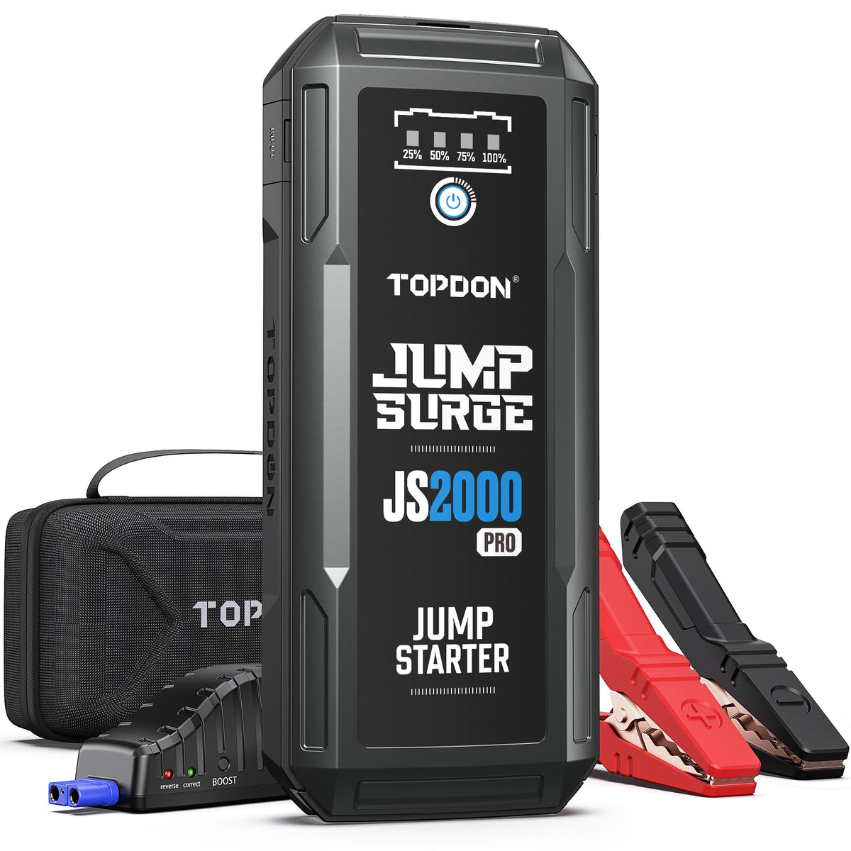 TOPDON JS2000Pro front view showing rugged design and ready-to-use boost capability