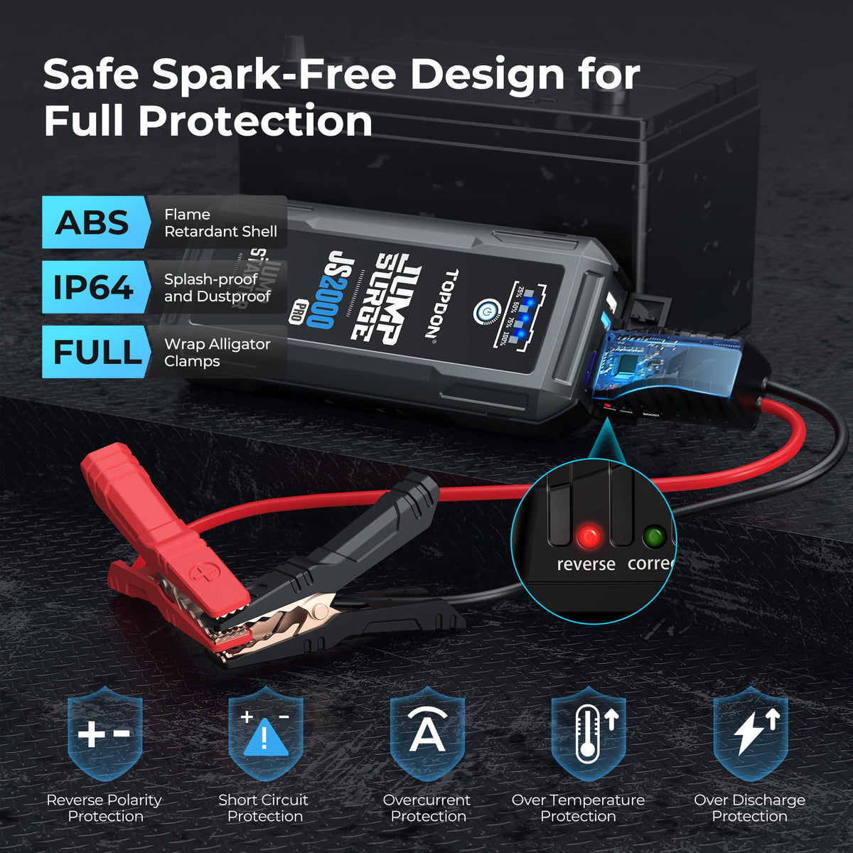 TOPDON JS2000Pro connected in vehicle with brand and fast engine-start benefit