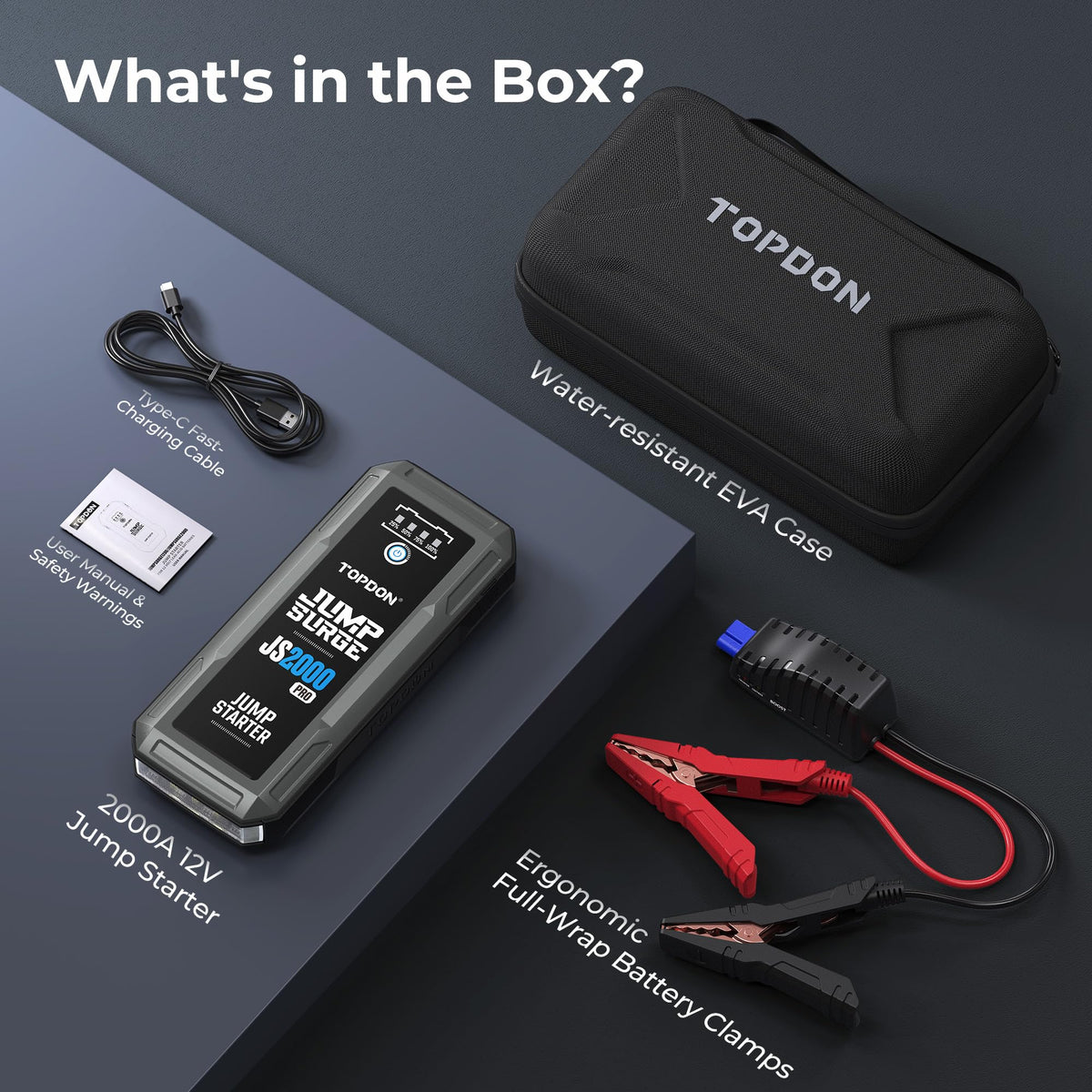 TOPDON JS2000Pro label and ports closeup with brand and versatile charging benefit