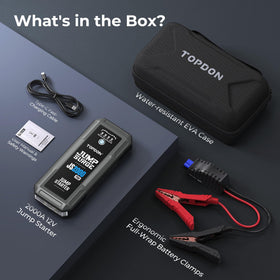 TOPDON JS2000Pro label and ports closeup with brand and versatile charging benefit