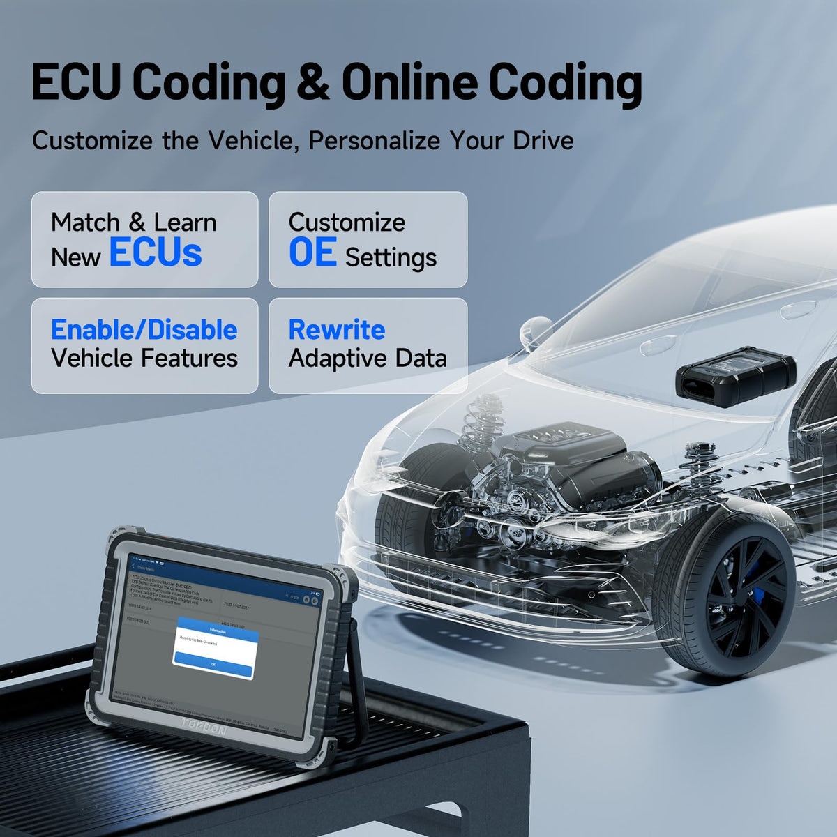 TOPDON Phoenix Plus 2 connected to vehicle adapter for secure ECU access and coding