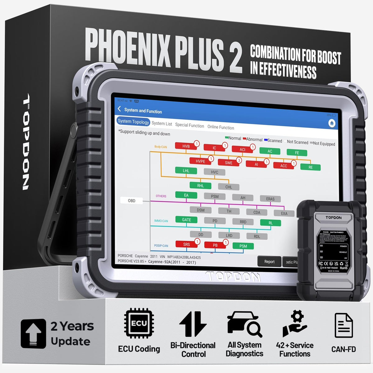 TOPDON Phoenix Plus 2 front tablet view showing diagnostic home screen for fast workflow