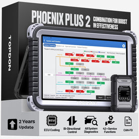 TOPDON Phoenix Plus 2 front tablet view showing diagnostic home screen for fast workflow