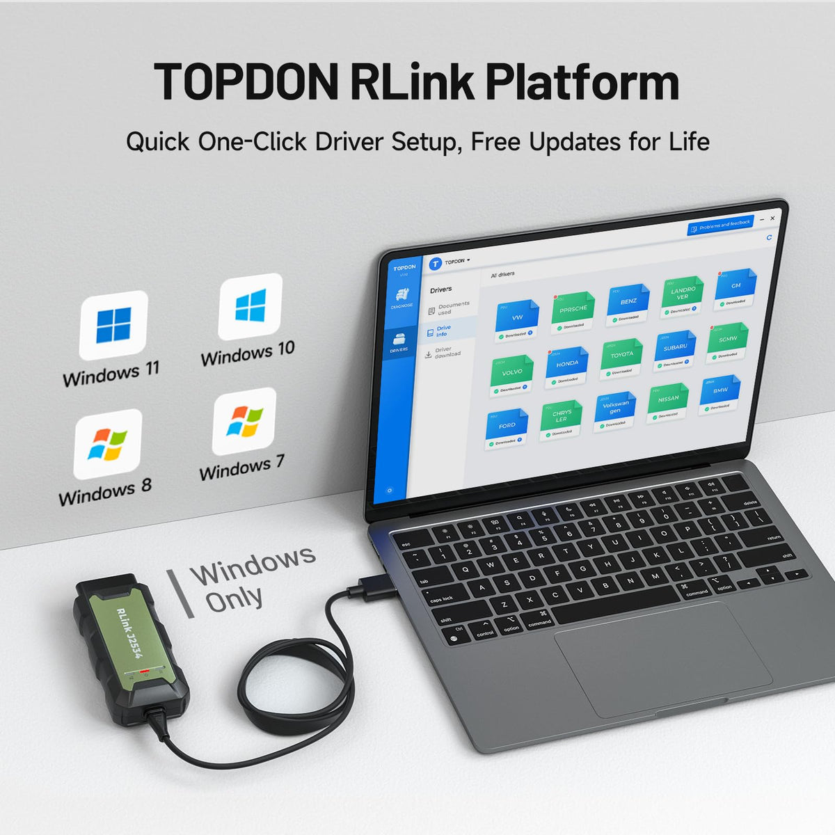 TOPDON RLink compatibility label showing supported brands for multi-brand shops