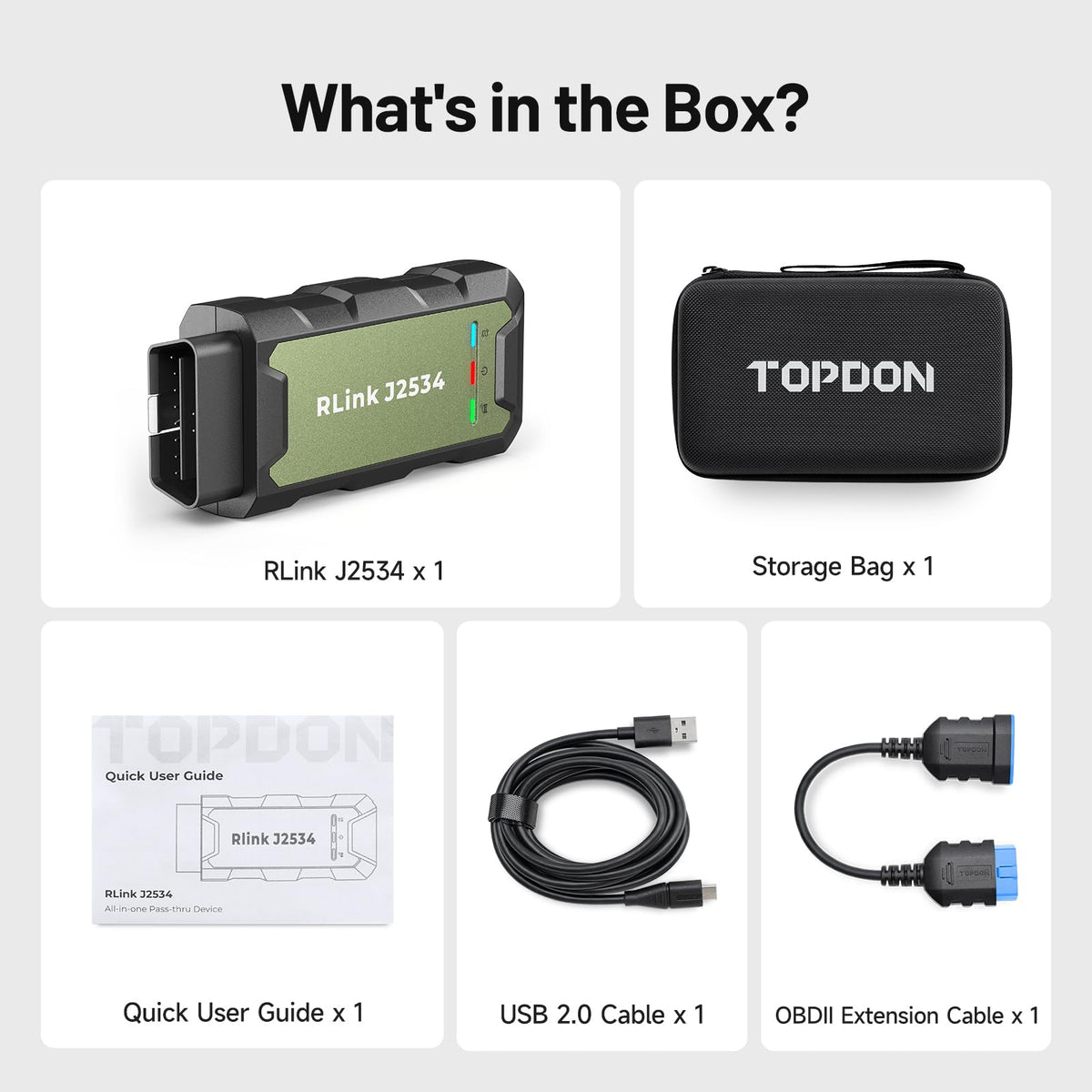 TOPDON RLink retail packaging with accessories showing complete out-of-box kit
