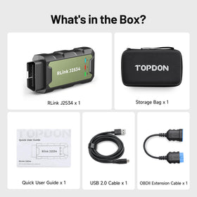 TOPDON RLink retail packaging with accessories showing complete out-of-box kit