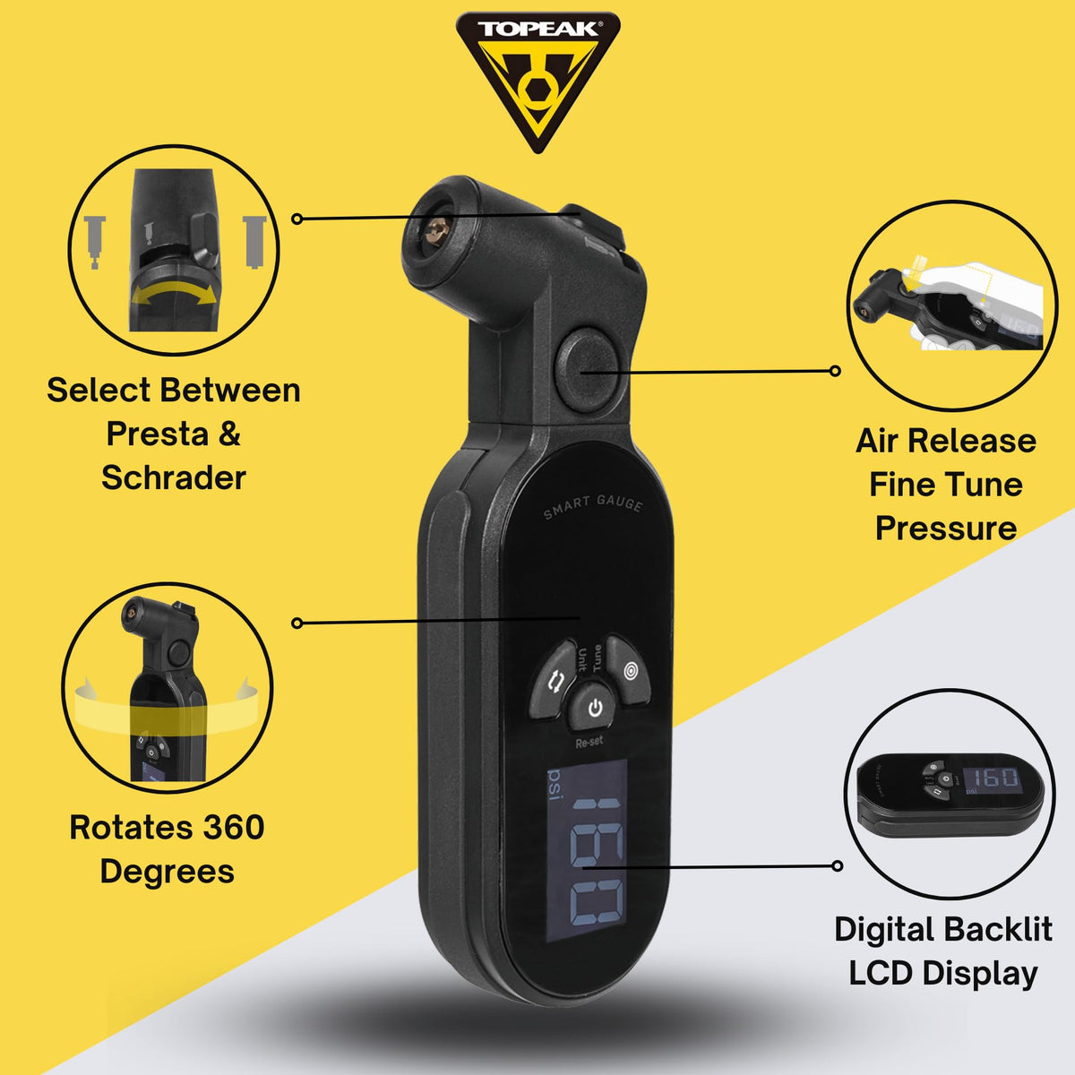 Topeak SmartGauge D2X rotating screen angled for easy visibility in low light