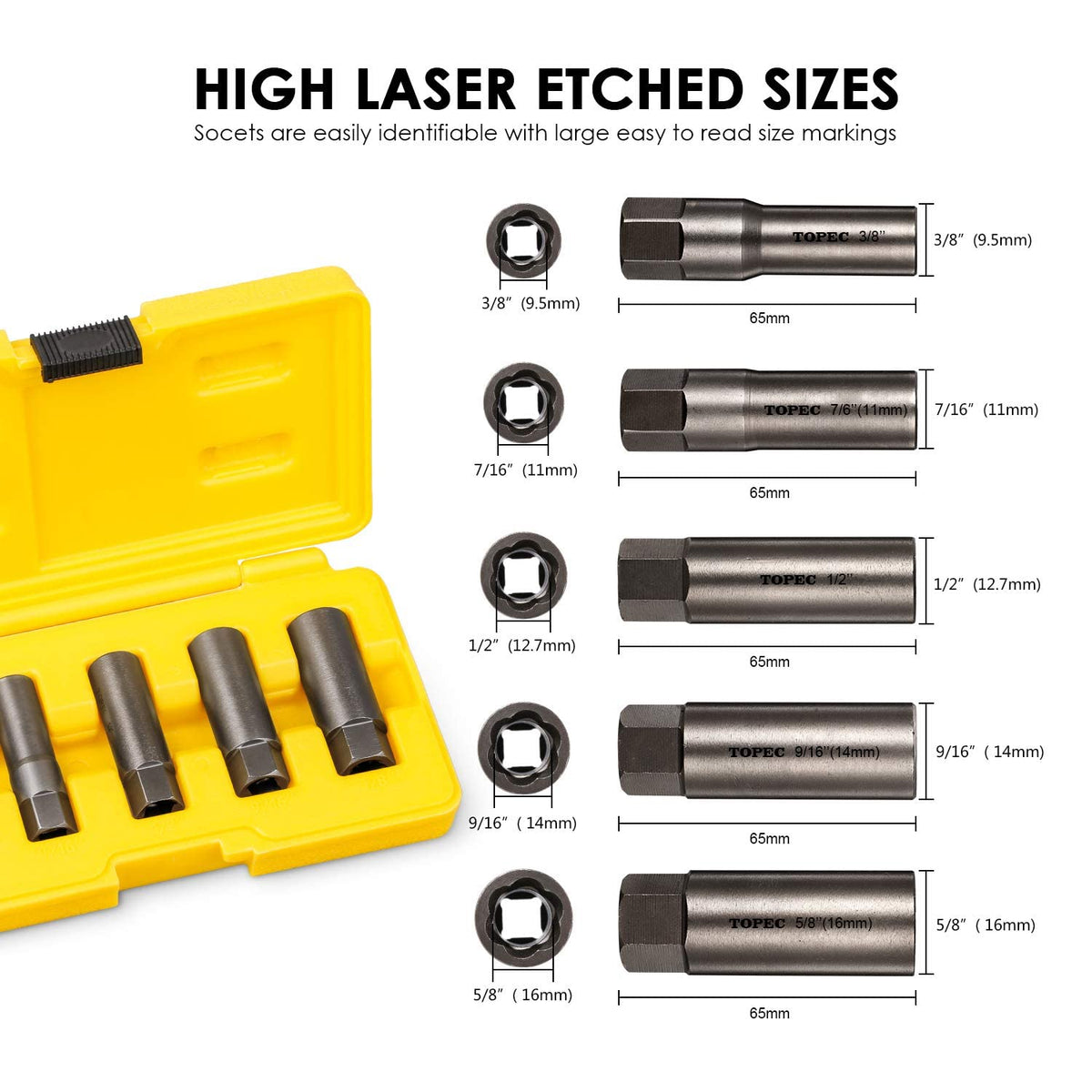 Topec extractor sizes laid out by diameter, clear size selection for correct fit