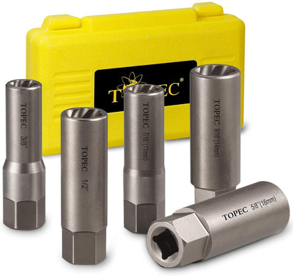 Topec front packaging showing five-piece extractor kit and case, durable storage benefit
