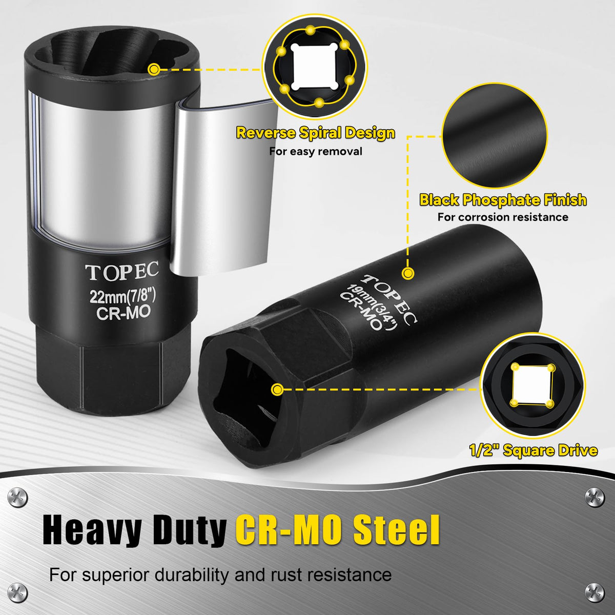 Topec extractor beside a standard socket showing size comparison and fitment options