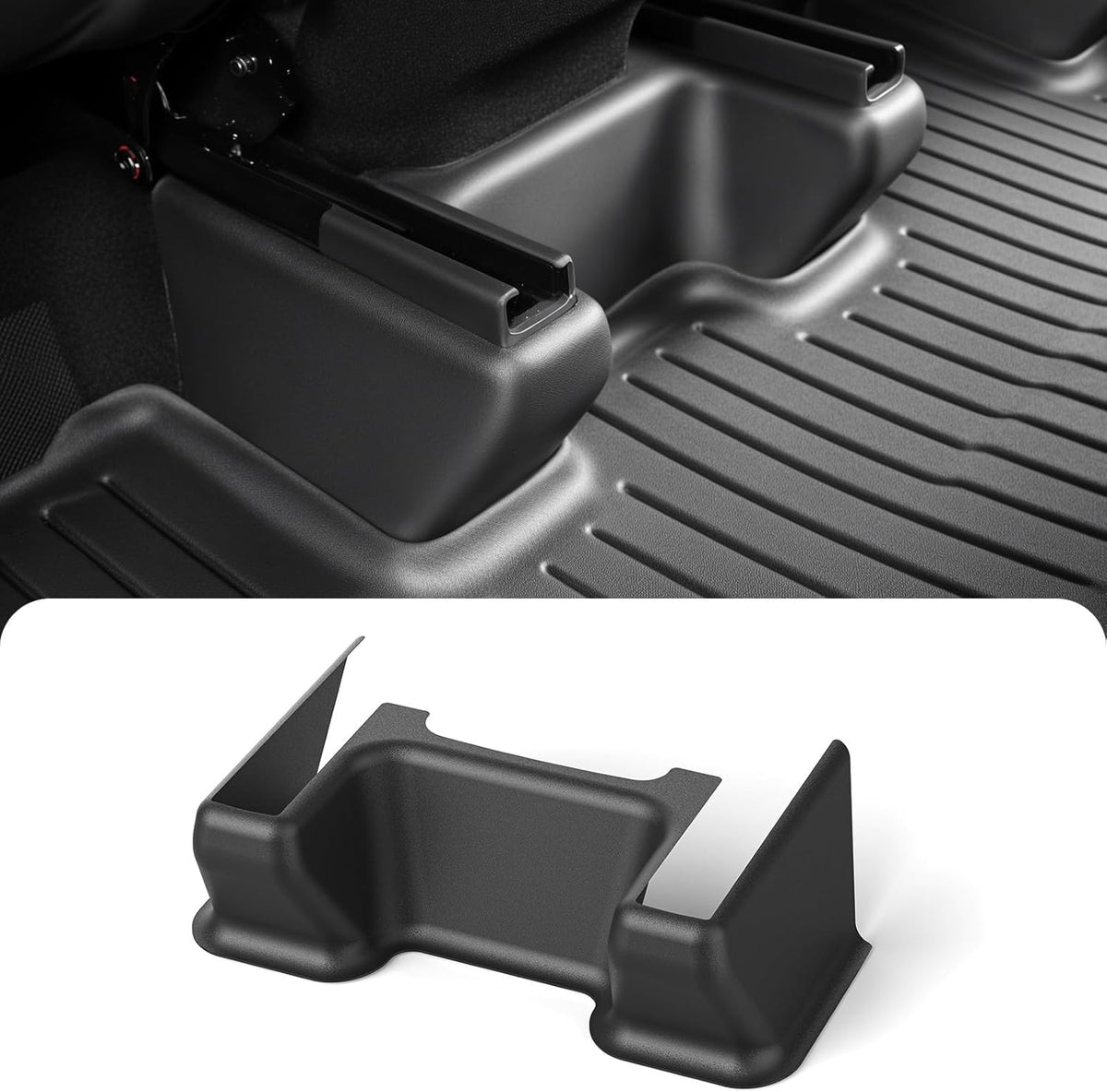Topfit installed under the 2nd-row seat in Tesla Model Y Juniper showing neat factory look