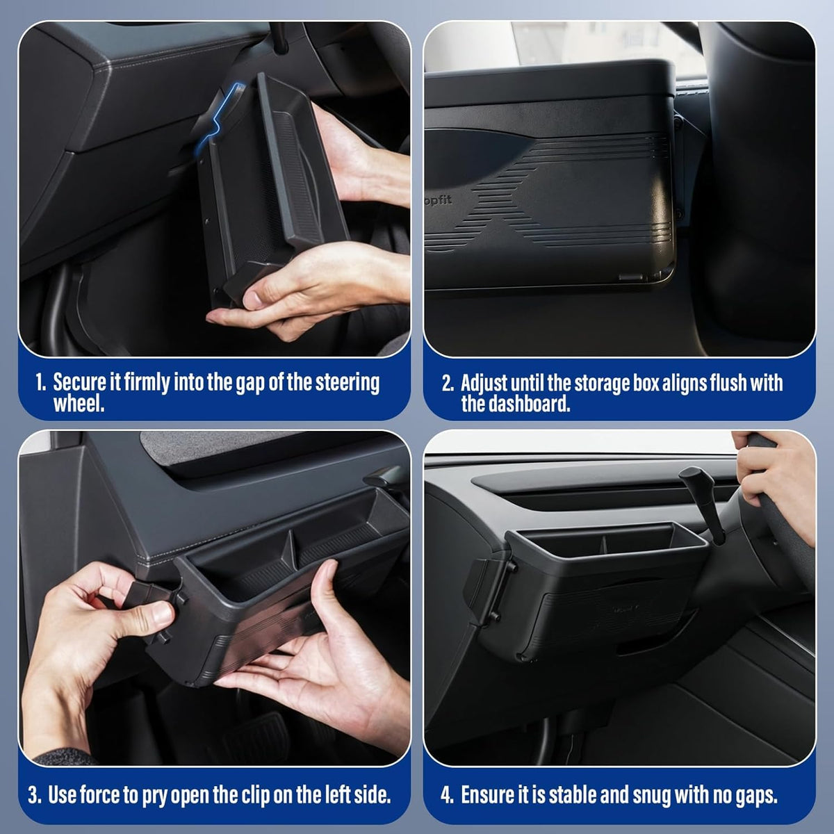 Topfit lifestyle shot on dashboard conveying tidy cabin benefit