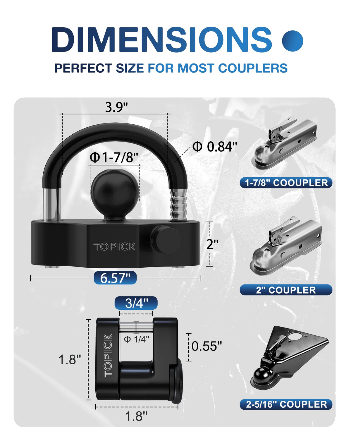 TOPICK ball coupler lock close-up, heavy-duty body protects against prying