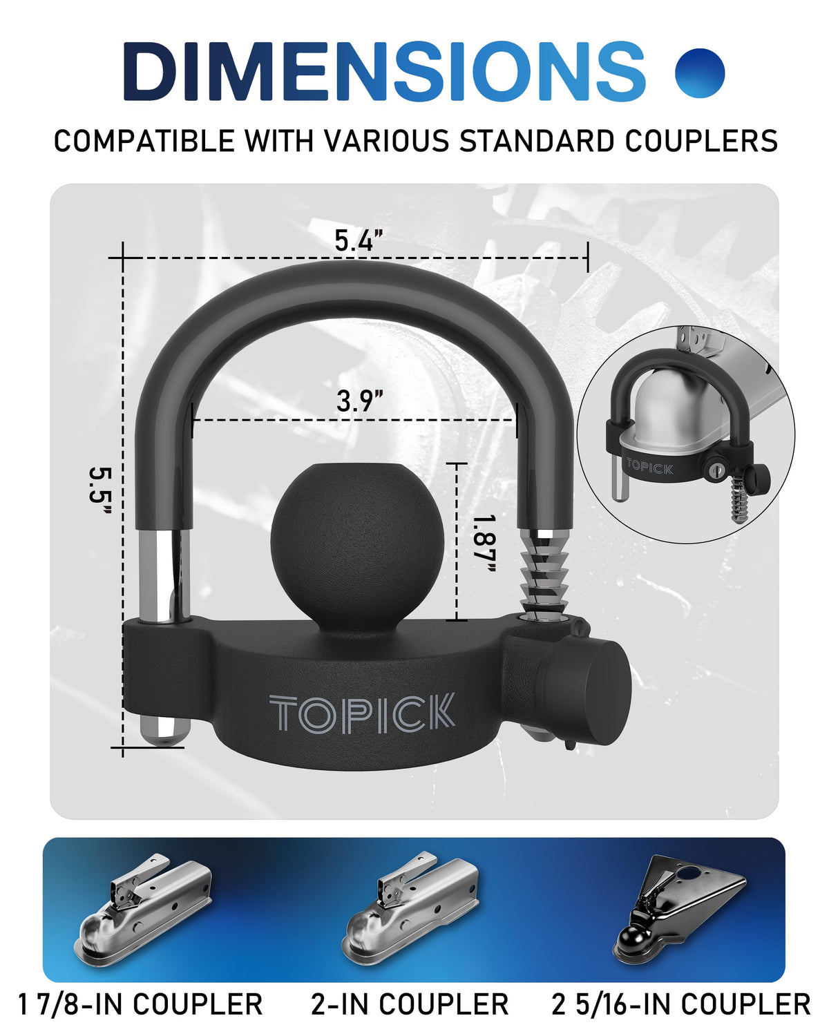 TOPICK coupler ball lock close-up showing ratchet adjustability and corrosion resistance