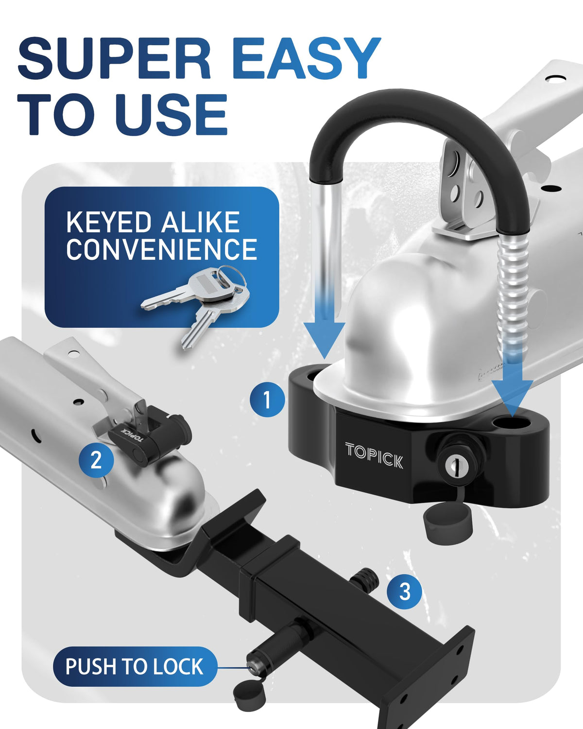 TOPICK coupler tongue latch lock close-up, compact design prevents latch theft