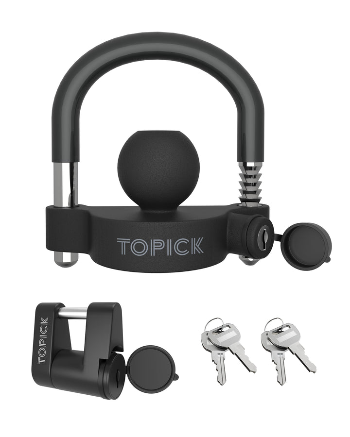 TOPICK front packaging showing both coupler and latch locks for secure storage