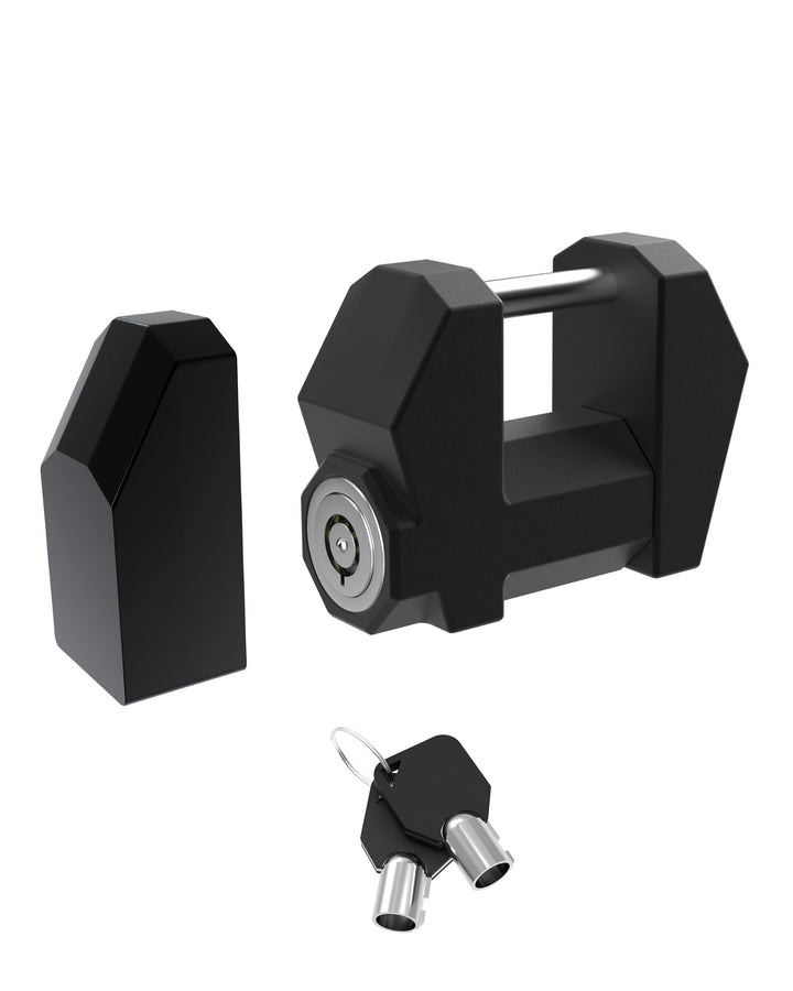 TOPICK front view of coupler lock showing sturdy steel body and sleek design for visual deterrence