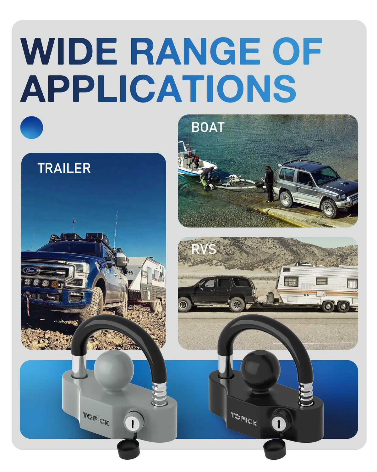 TOPICK lock beside a 2-inch trailer ball showing scale and compatibility