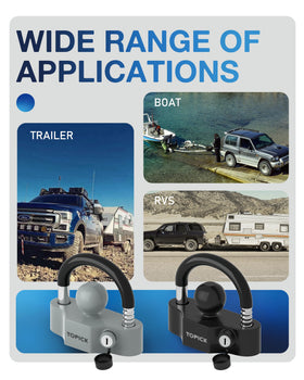 TOPICK lock beside a 2-inch trailer ball showing scale and compatibility