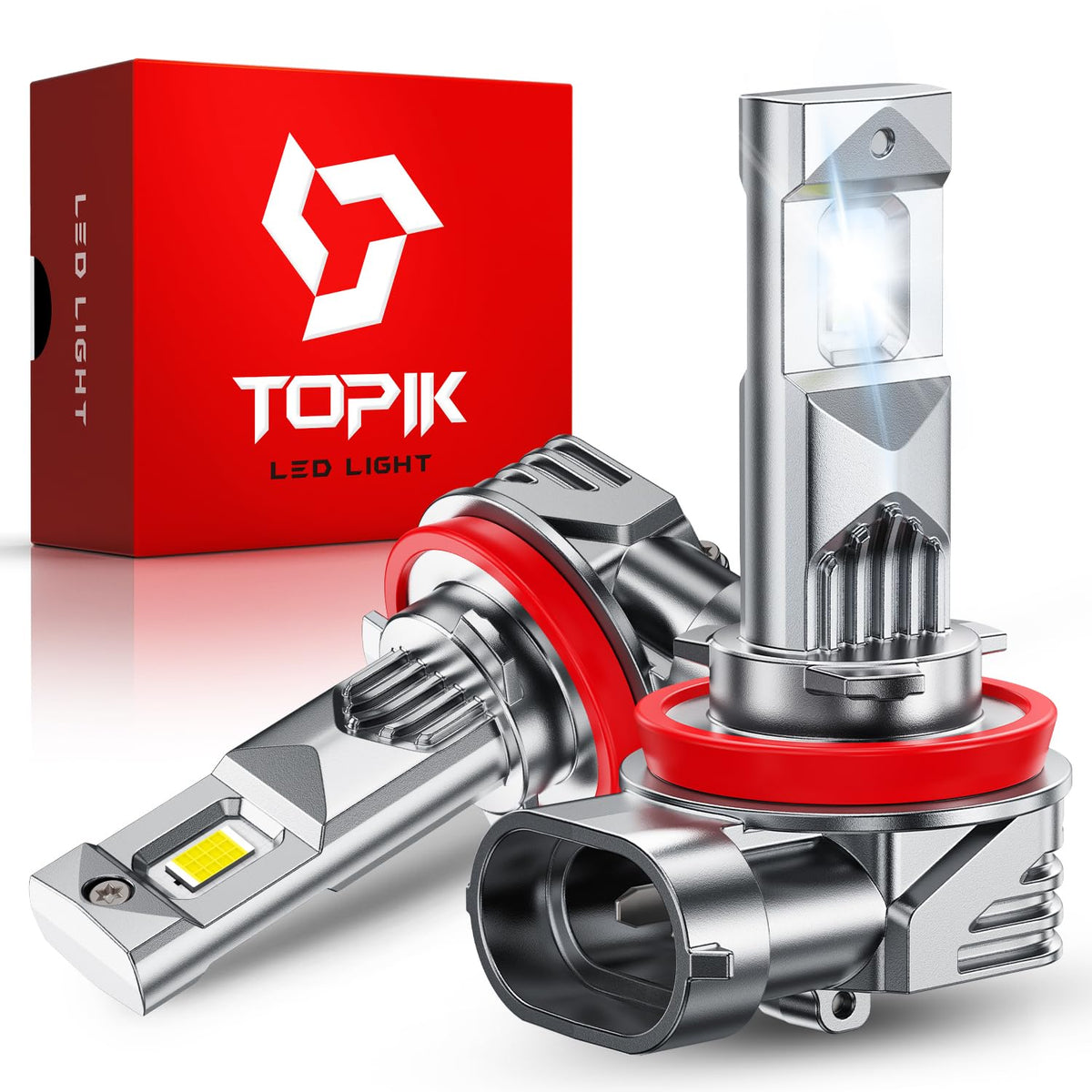 TOPIK front view of packaged LED bulb showing model and plug for easy install