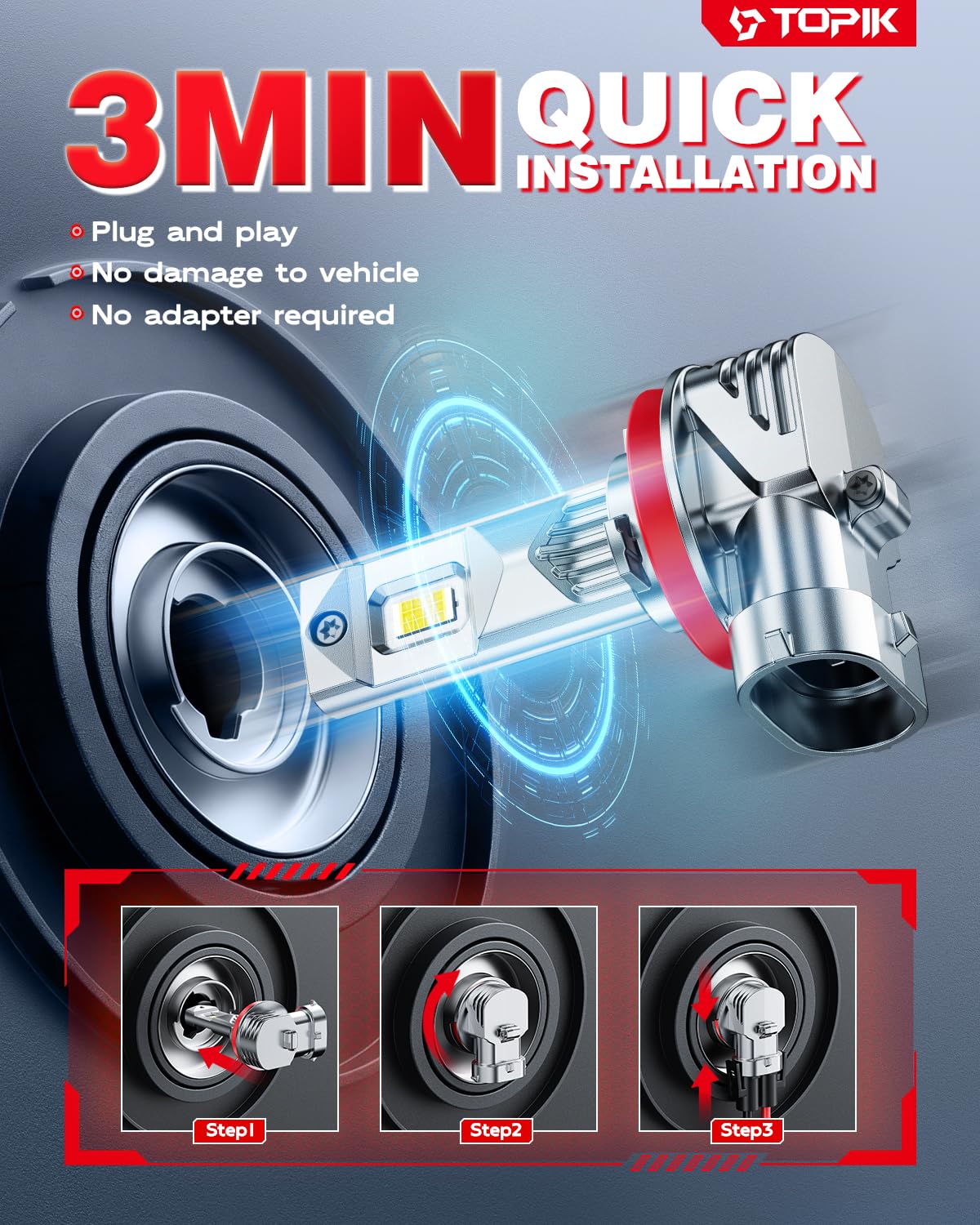 TOPIK bulb installed in headlight assembly demonstrating simple direct-fit replacement