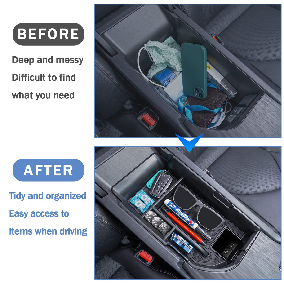 TOPINSTALL tray installed in Camry console improving access and reducing clutter