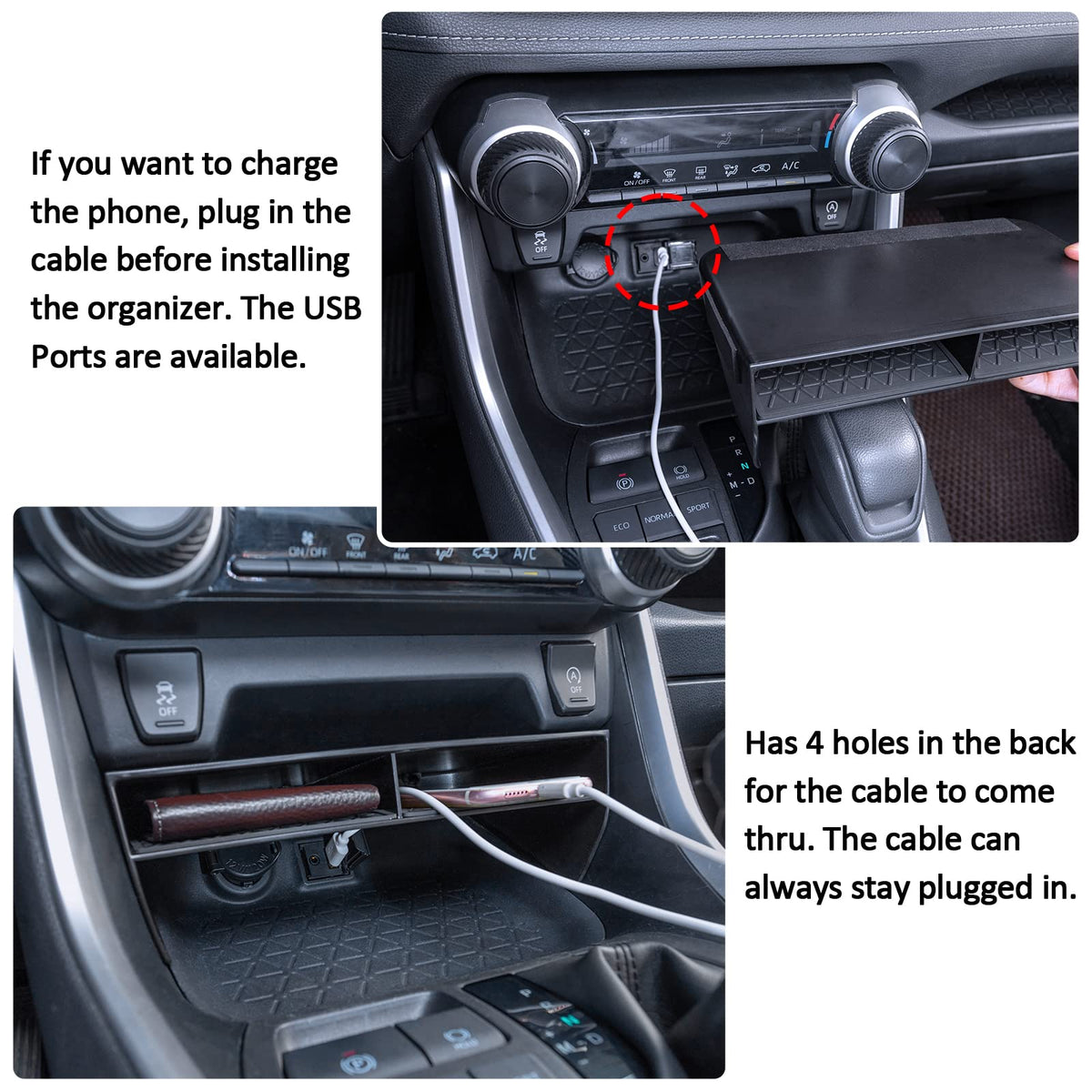 TOPINSTALL rear cable hole with USB cord showing easy charging access