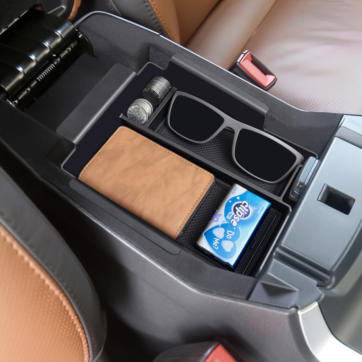 TOPINSTALL front view of center console organizer showing improved access and order