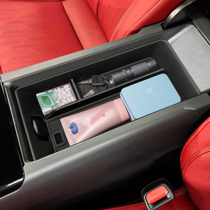 TOPINSTALL front view of center console tray showing compartments and fit benefit
