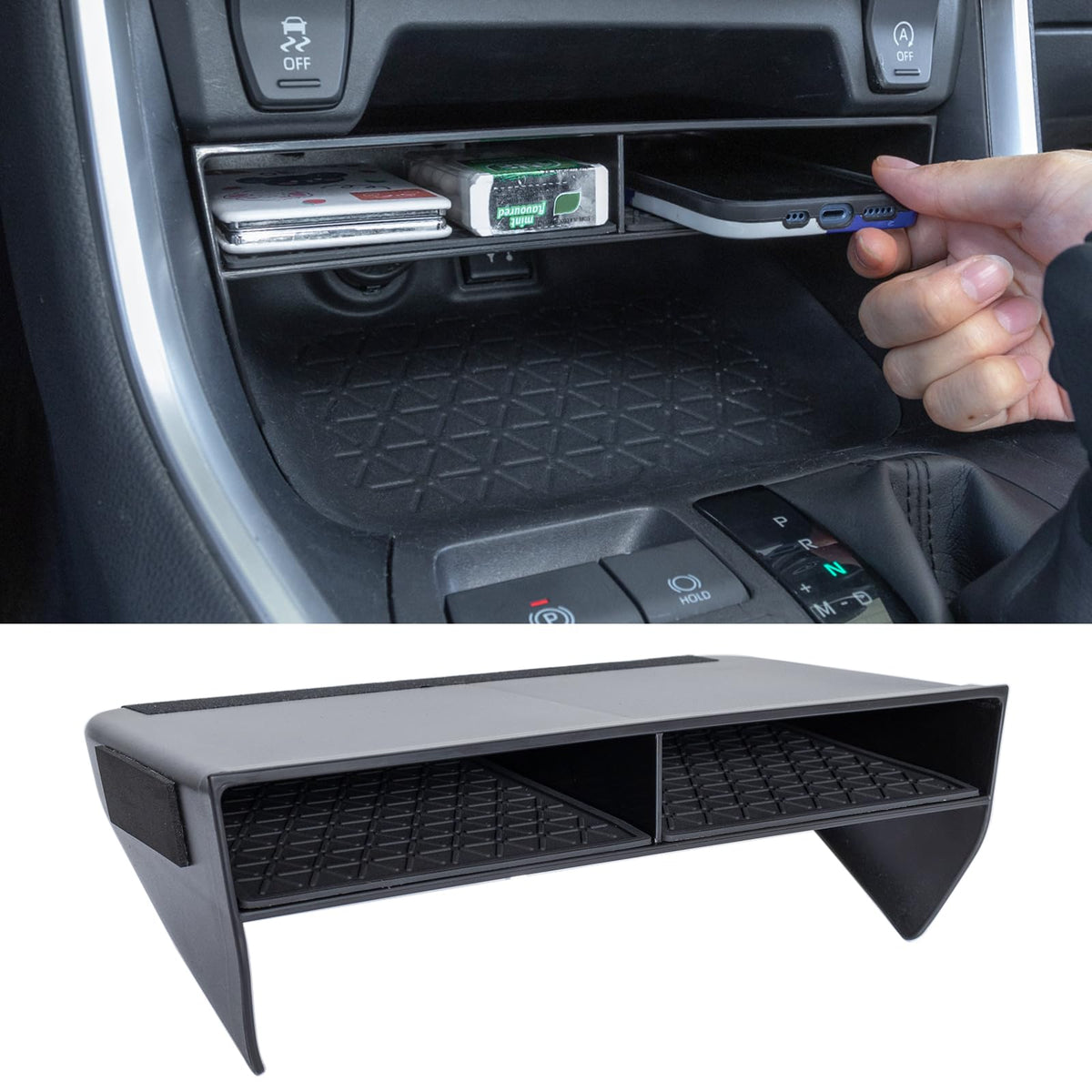 TOPINSTALL organizer installed in RAV4 console showing neat storage benefit