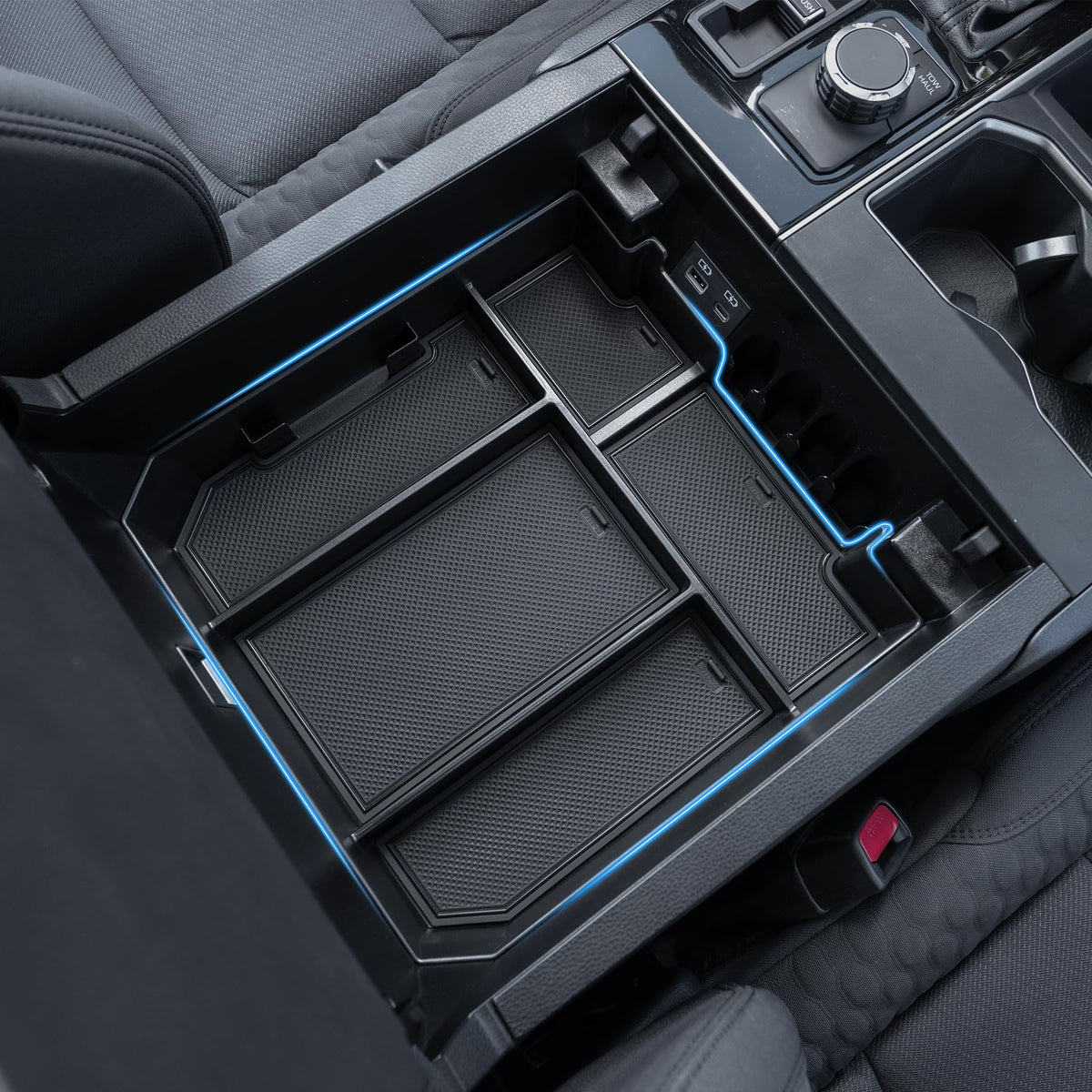 TOPINSTALL front view of console organizer showing five compartments for quick access