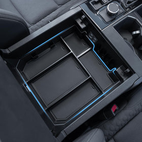 TOPINSTALL front view of console organizer showing five compartments for quick access