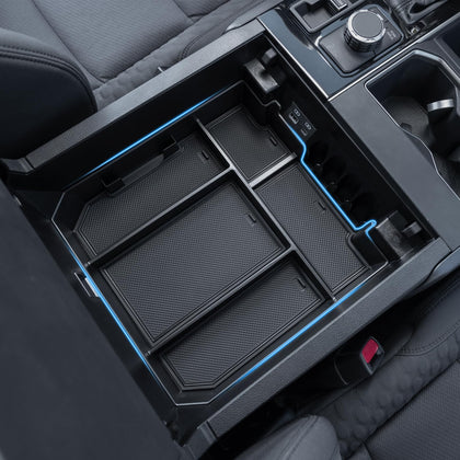 TOPINSTALL front view of console organizer showing five compartments for quick access