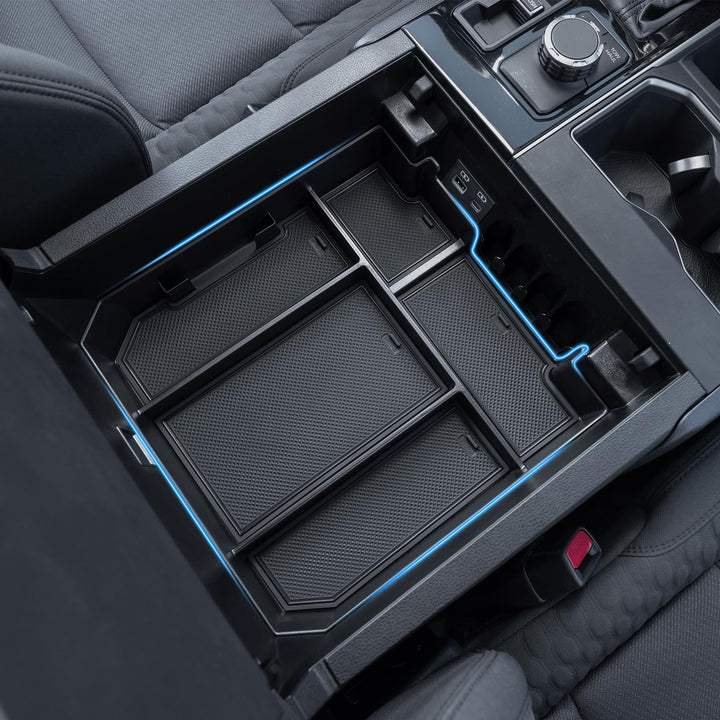 TOPINSTALL front view of console organizer showing five compartments for quick access