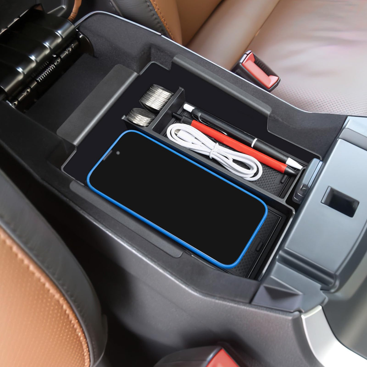 TOPINSTALL lifestyle shot in Ford Explorer interior showing tidy organized console