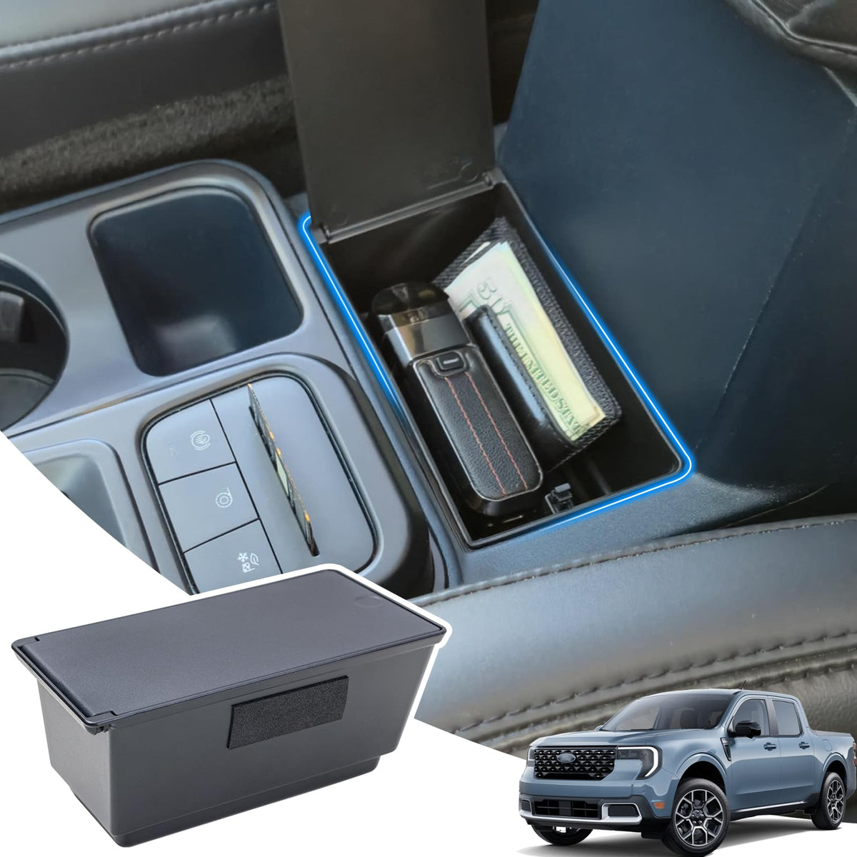 TOPINSTALL front view of console box blending with Maverick interior, adds hidden storage
